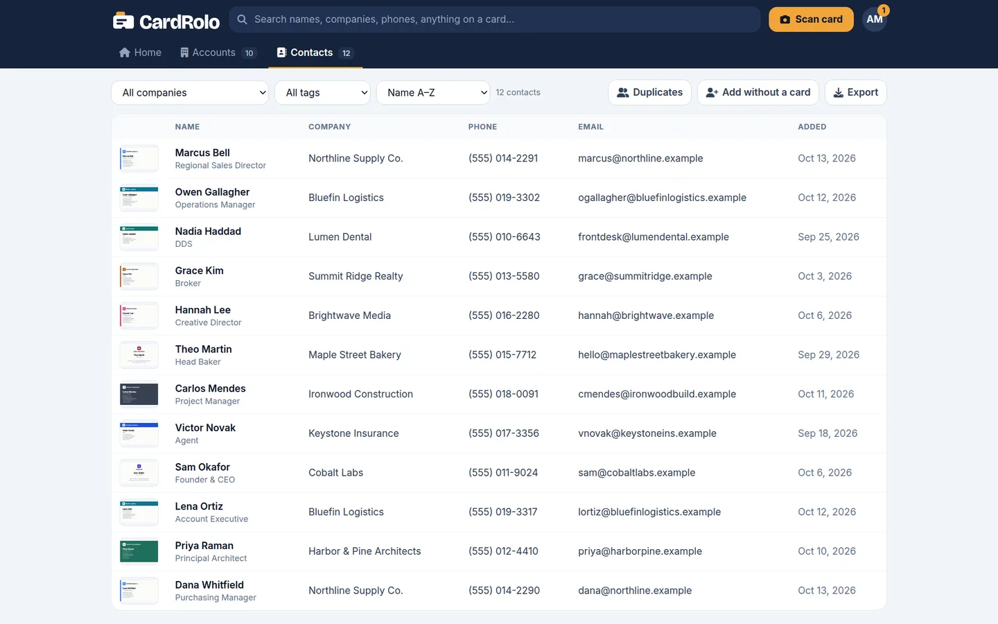 CardRolo contact list with a picture of each business card